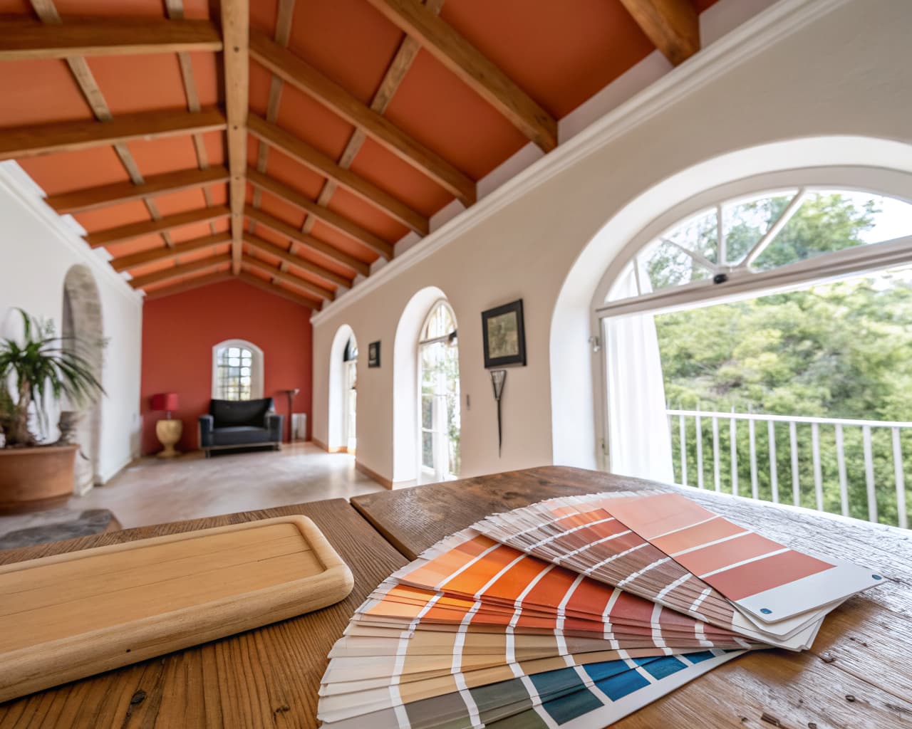 Interior room with terracotta color-capped ceiling and paint color swatches