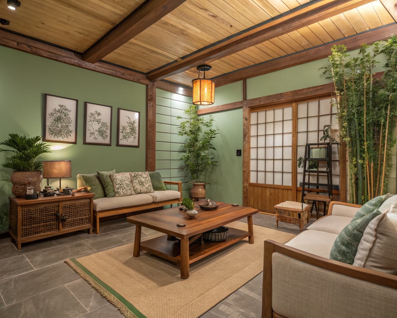 Zen feng shui living room with sage green walls and natural wood ceiling