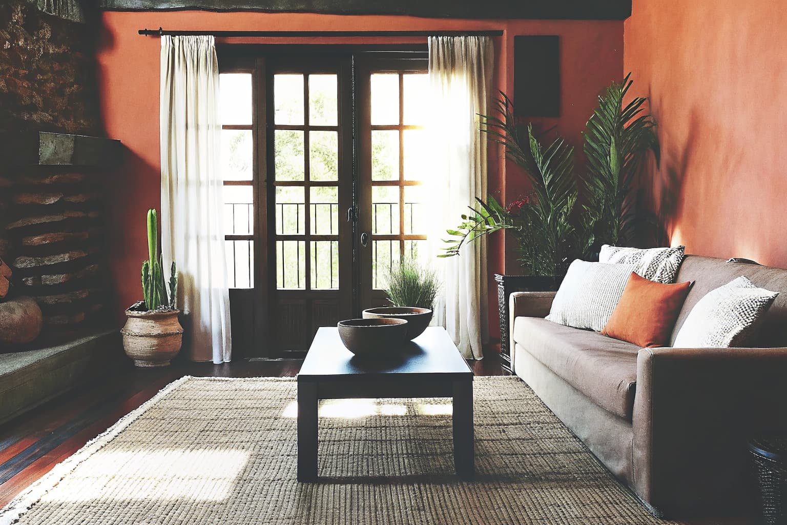 Terracotta living room with warm earthy tones — sienna walls, clay bowls, and ochre textiles