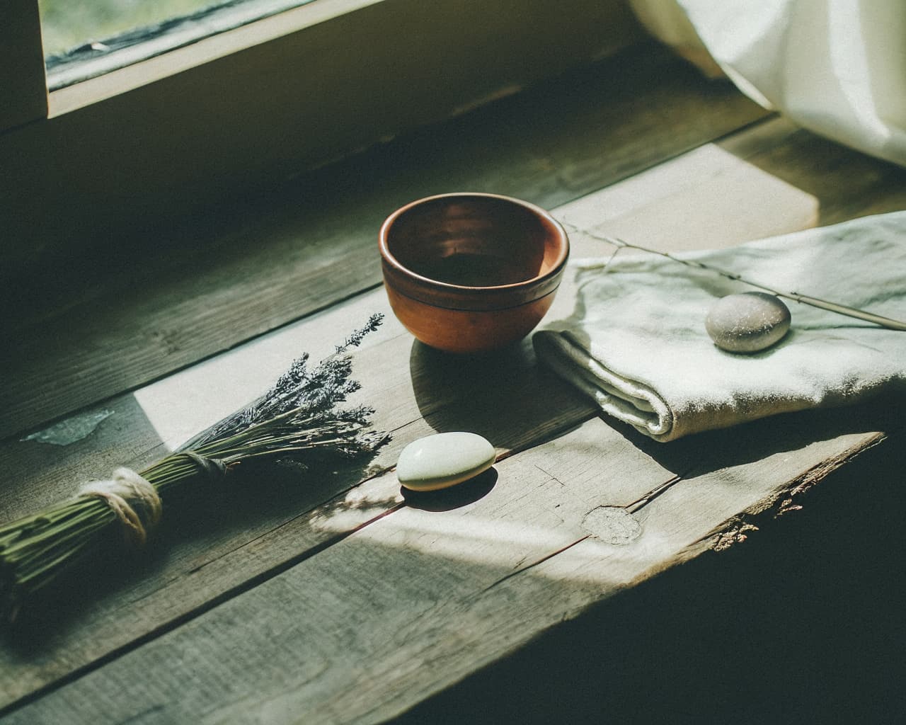 Wabi-sabi decor still life: clay bowl, dried lavender, river stones, and linen cloth on weathered wood