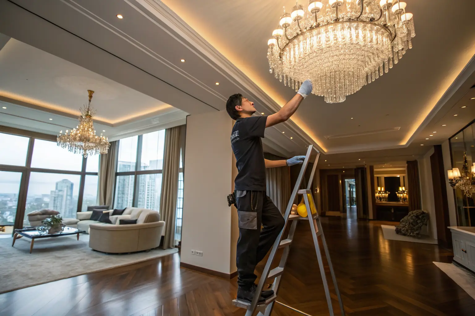 Professional maintaining and cleaning a luxury crystal chandelier in elegant home