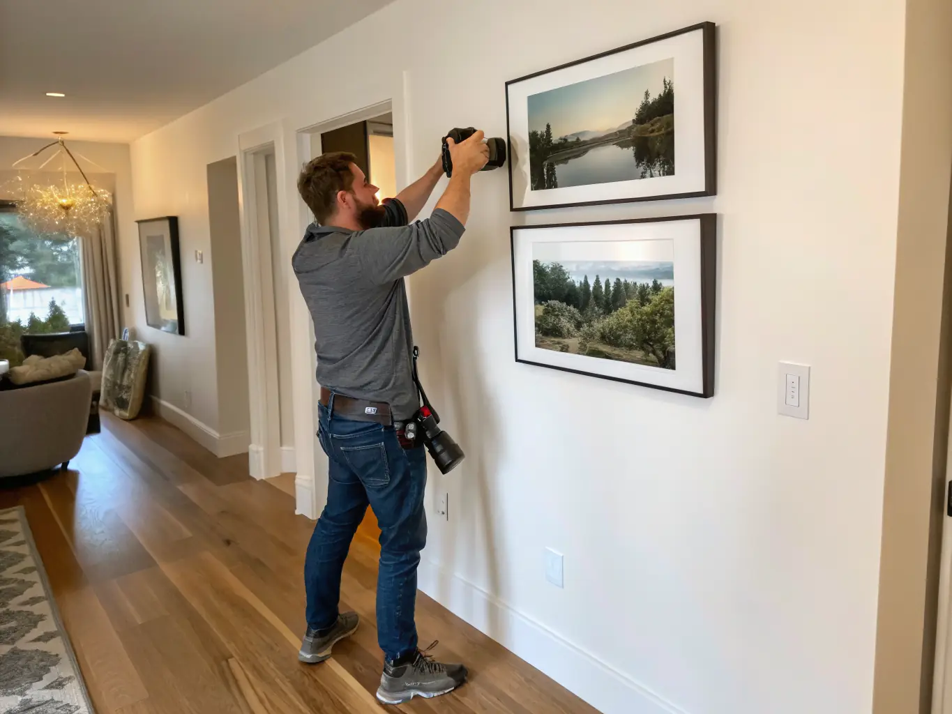 Specialist carefully hanging framed artwork on a wall