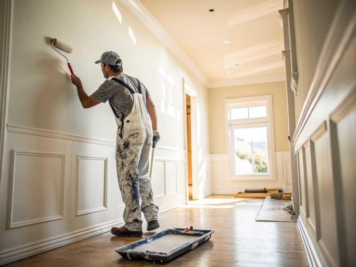 Painter applying fresh coat to interior walls