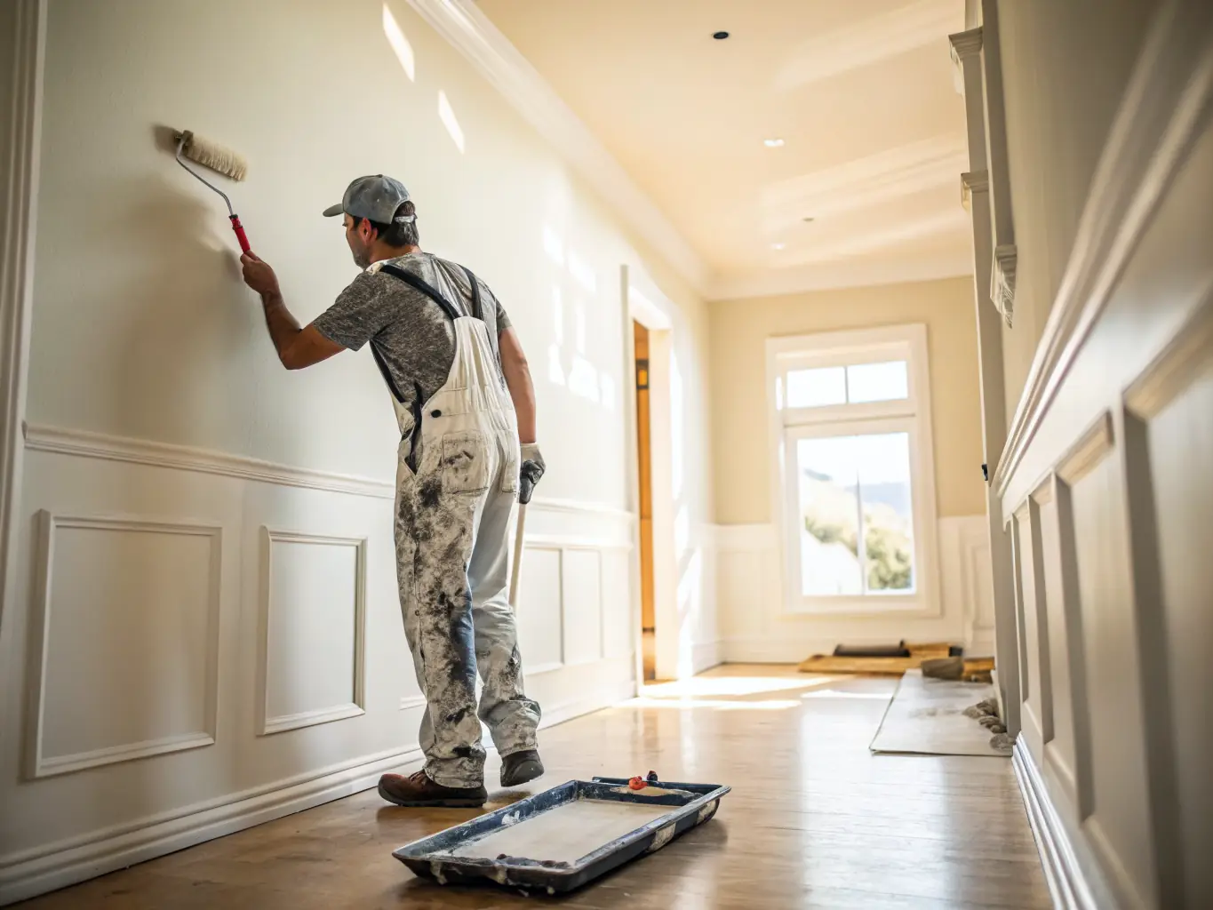 Painter applying fresh coat to interior walls