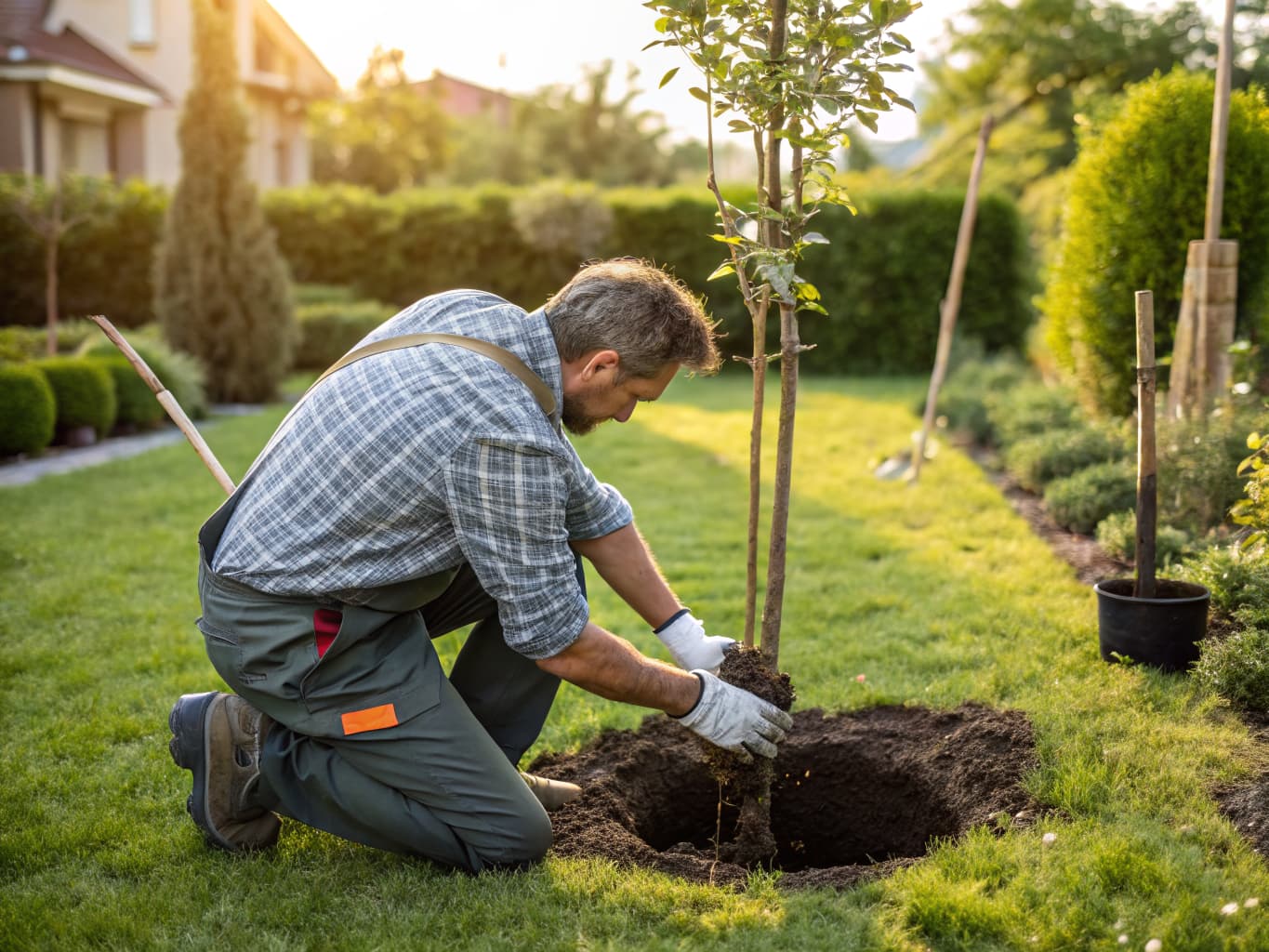 Gardener planting a young tree in a garden