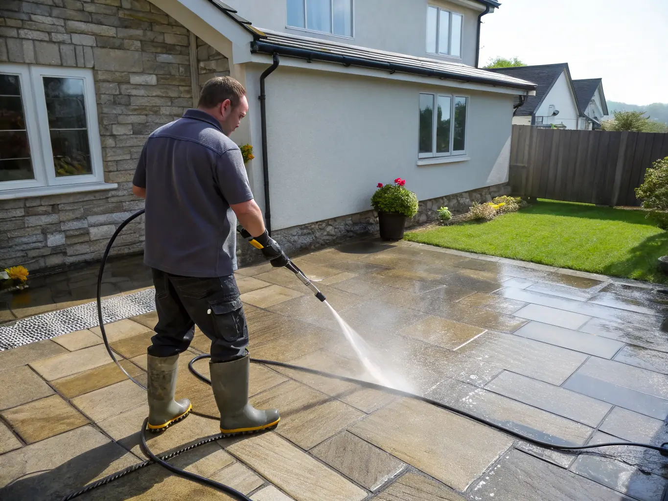 Professional pressure washing a stone patio