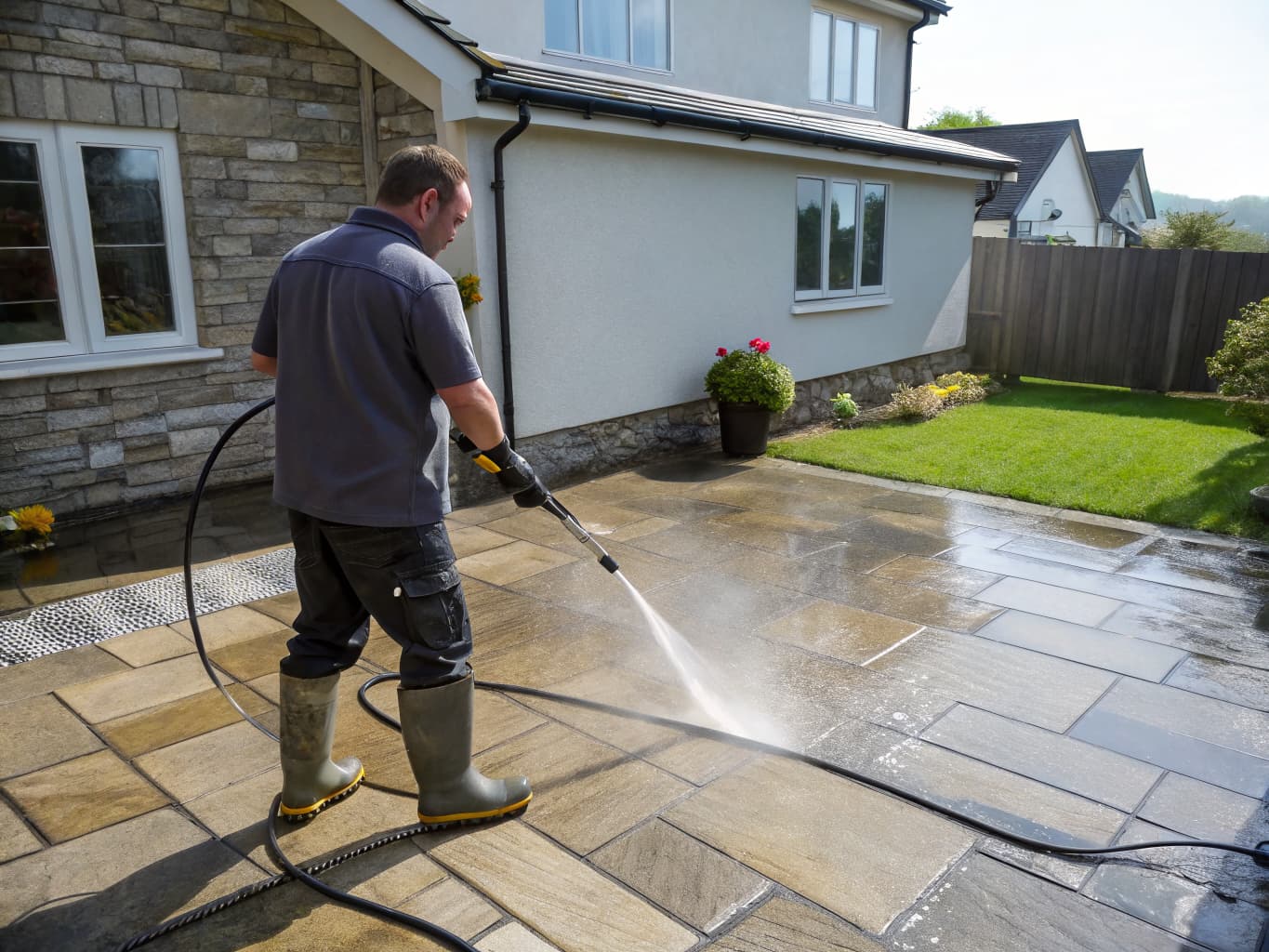 Professional pressure washing a stone patio