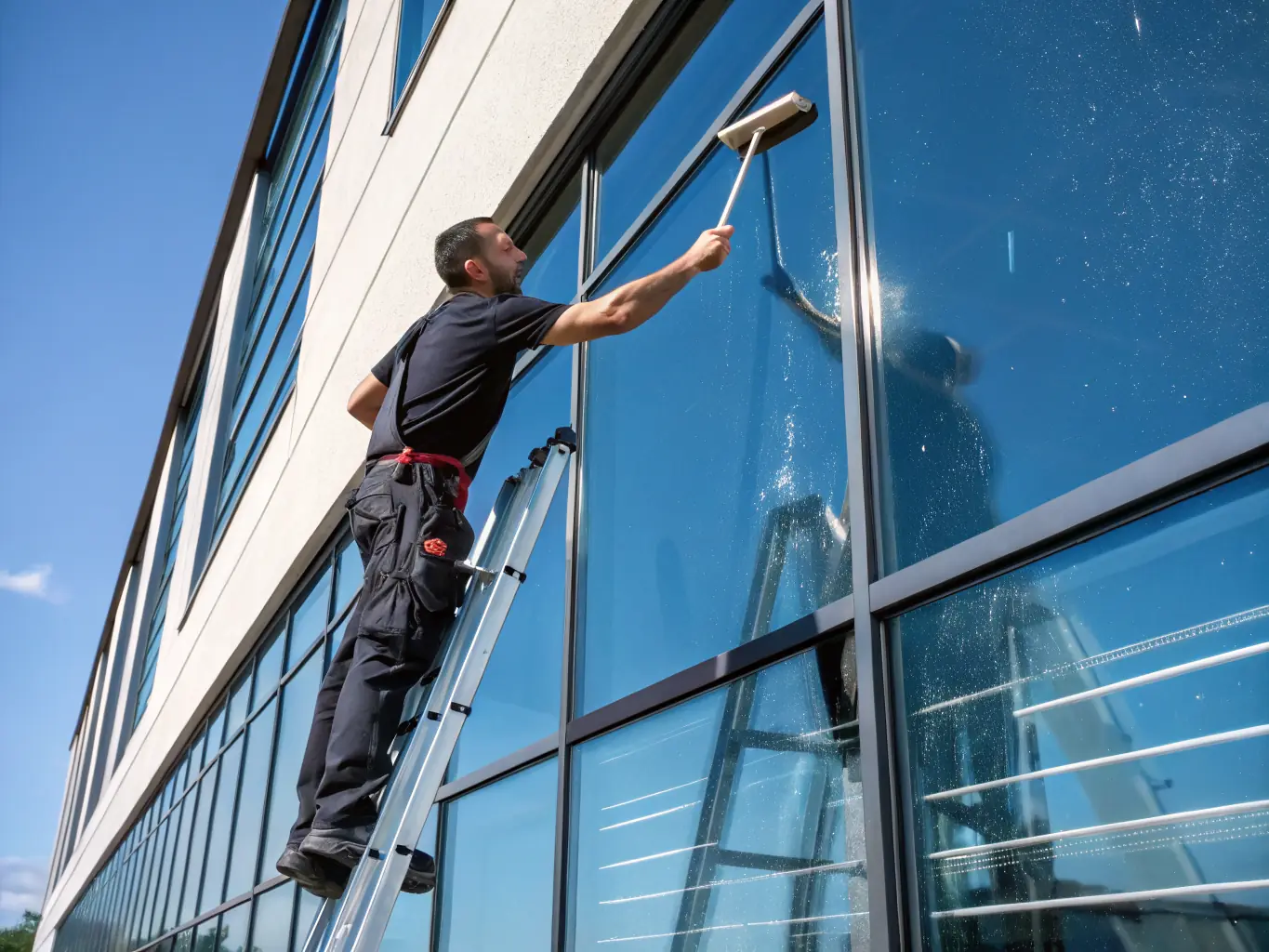 Professional window cleaner using a squeegee on large glass panels