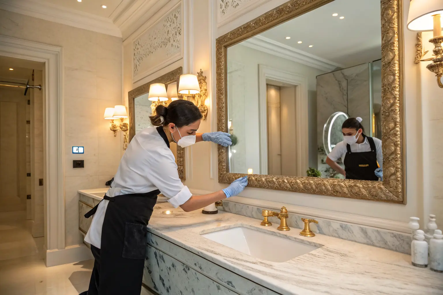 Professional cleaner maintaining a luxury vanity mirror