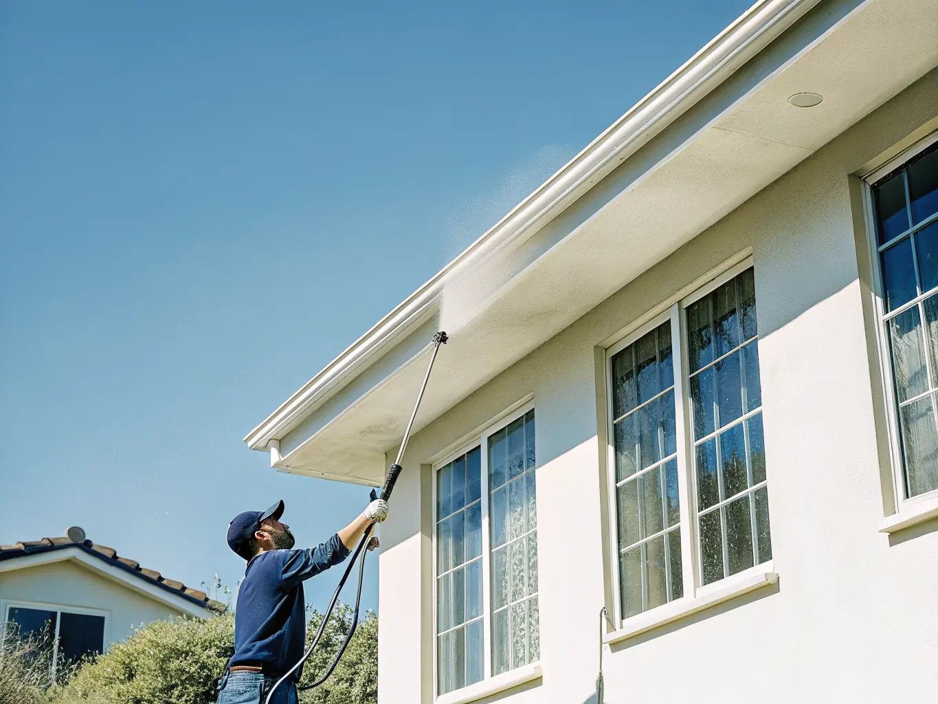 Professional exterior home cleaning service using pressure washer on a beautiful house
