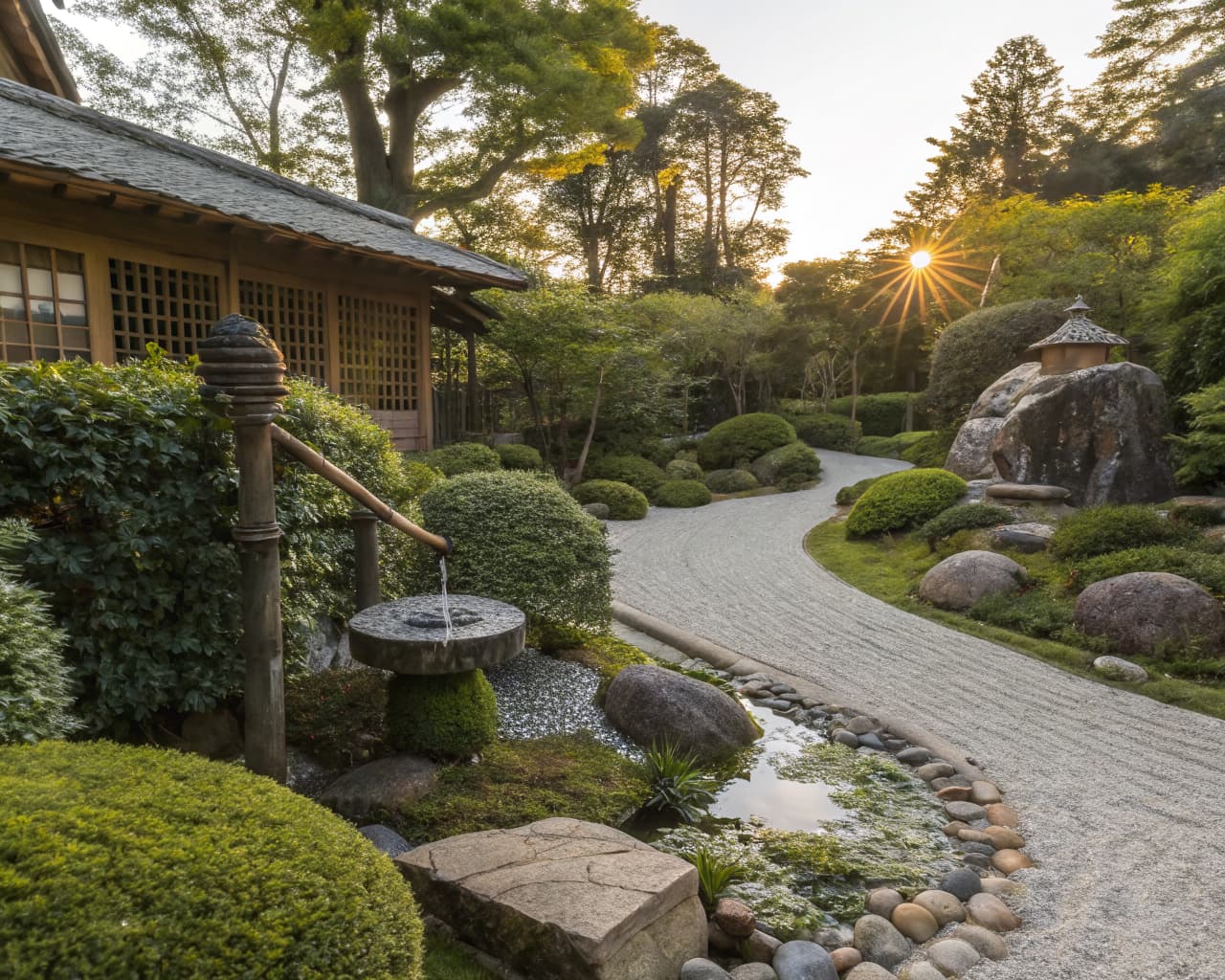 Lush Japanese-inspired zen garden with bamboo water fountain, raked gravel, and manicured greenery at golden hour