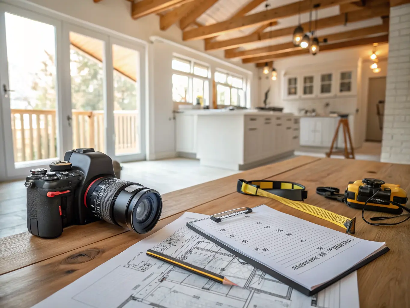Professional home inspection with blueprints, checklist, and measuring tools on wooden table