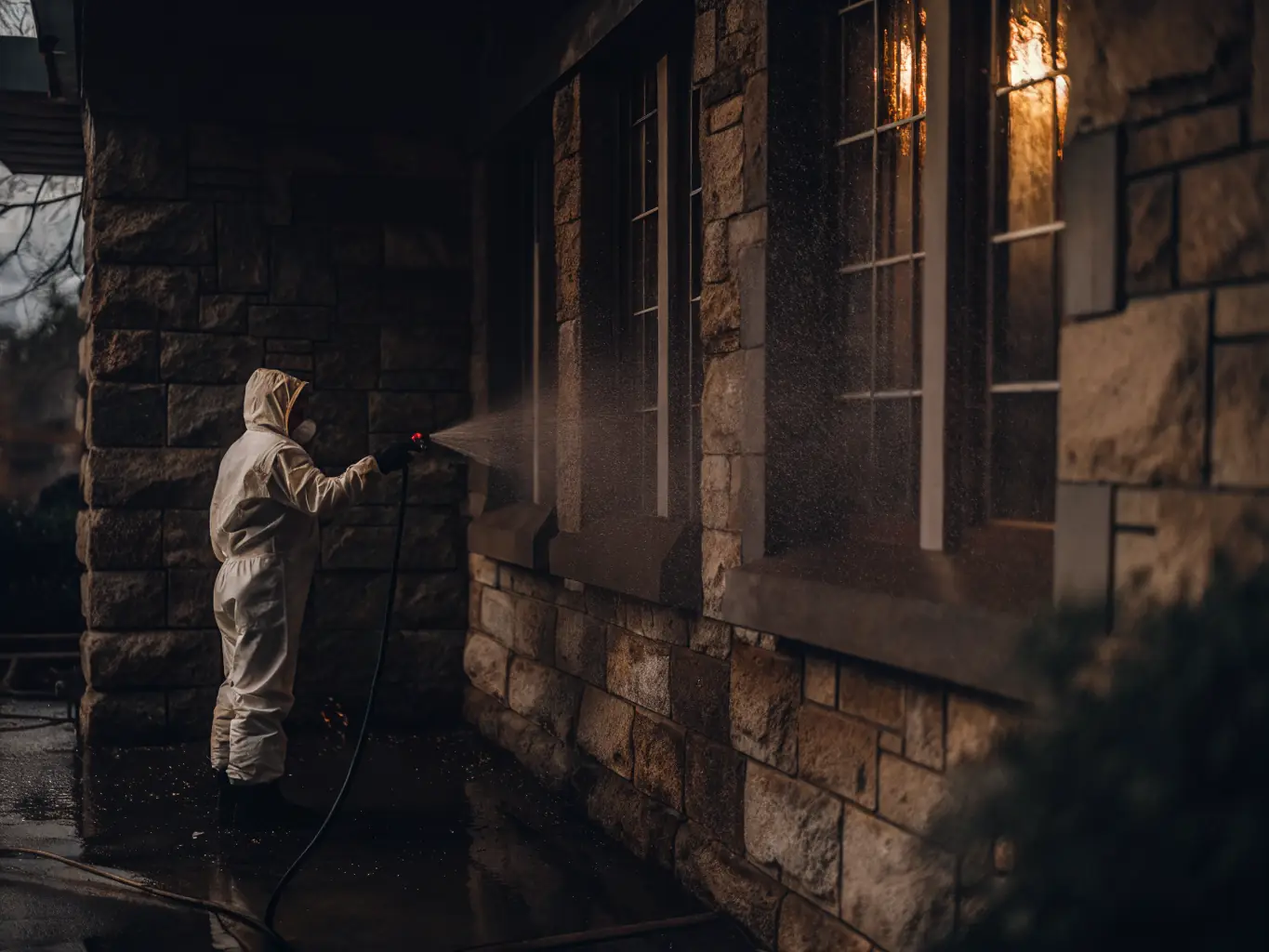 Professional mold remediation specialist treating stone exterior wall with eco-friendly solution