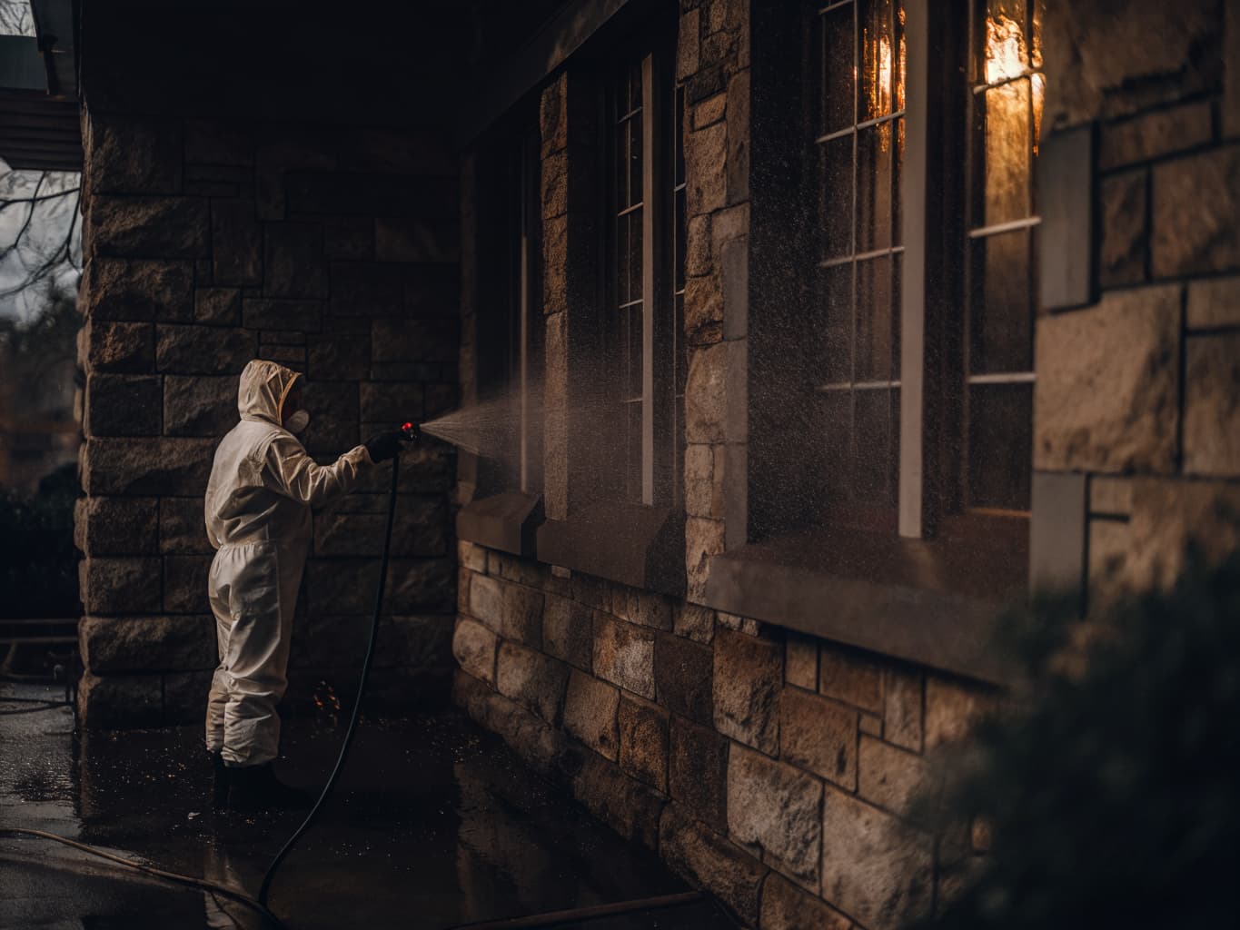 Professional mold remediation specialist treating stone exterior wall with eco-friendly solution