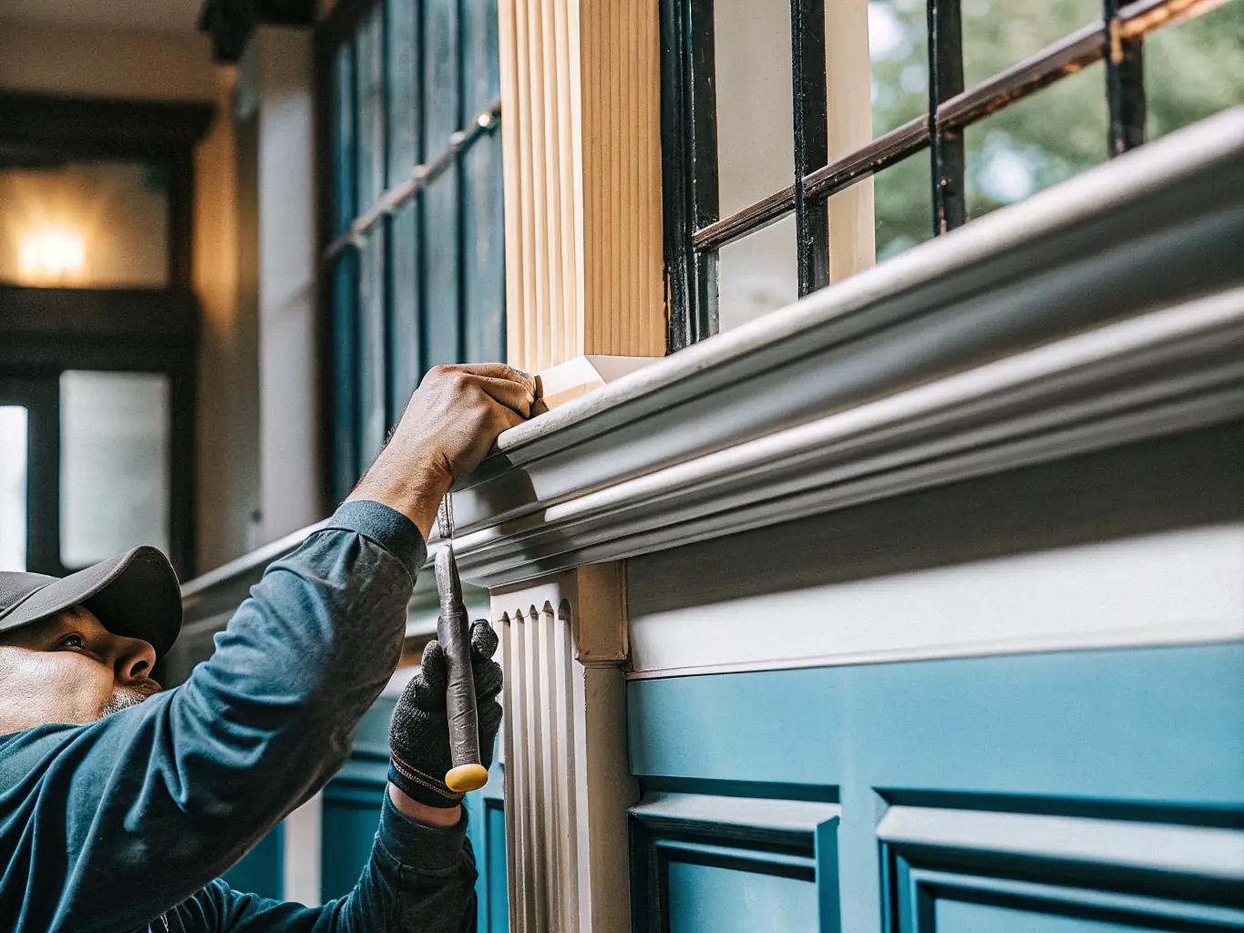 Skilled craftsman performing precise micro construction repair on luxury home interior trim