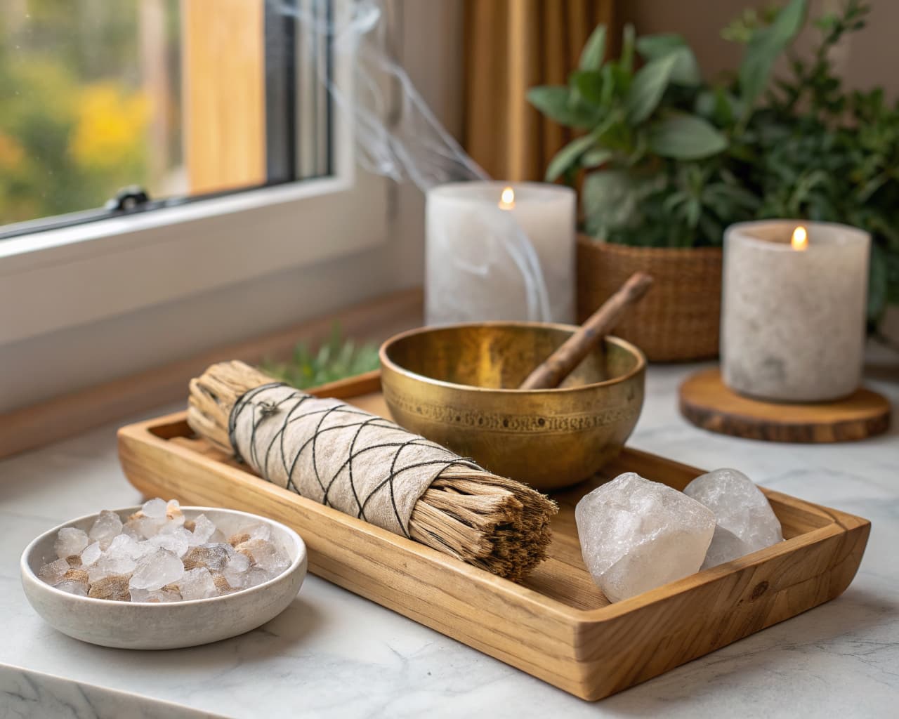 Sacred space clearing ritual tray with white sage, singing bowl, crystals and candles on marble surface