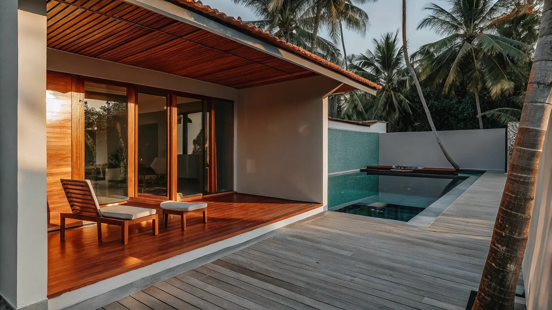 Open tropical patio with pool and palm trees